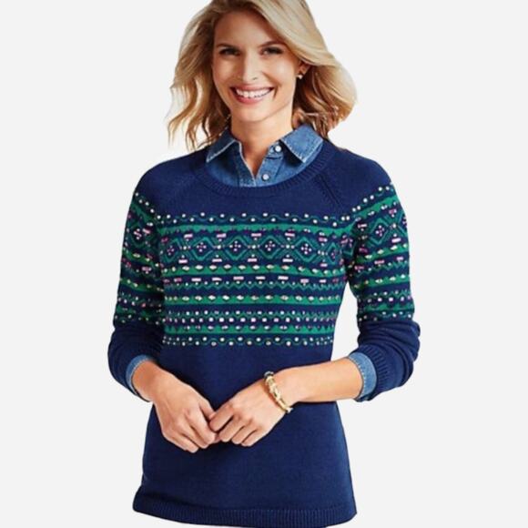 Talbots Sweaters - NEW Talbots Petite Women’s Sweater MP Festive Fisherman Navy Beaded Holiday Knit